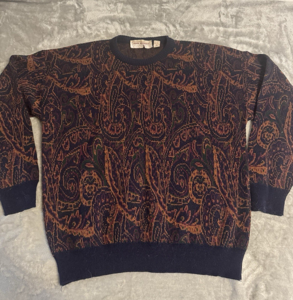 Vtg John Ashford Men's Wool Blend Crew Neck Paisley Designer Sweater Size XL